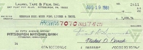 Laurel Films Signed Check (1981)